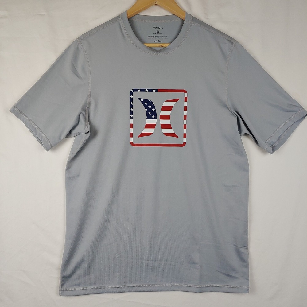 Hurley T Shirt Mens M Medium Gray Short Sleeve Crew Neck USA Flag Logo UPF 50+